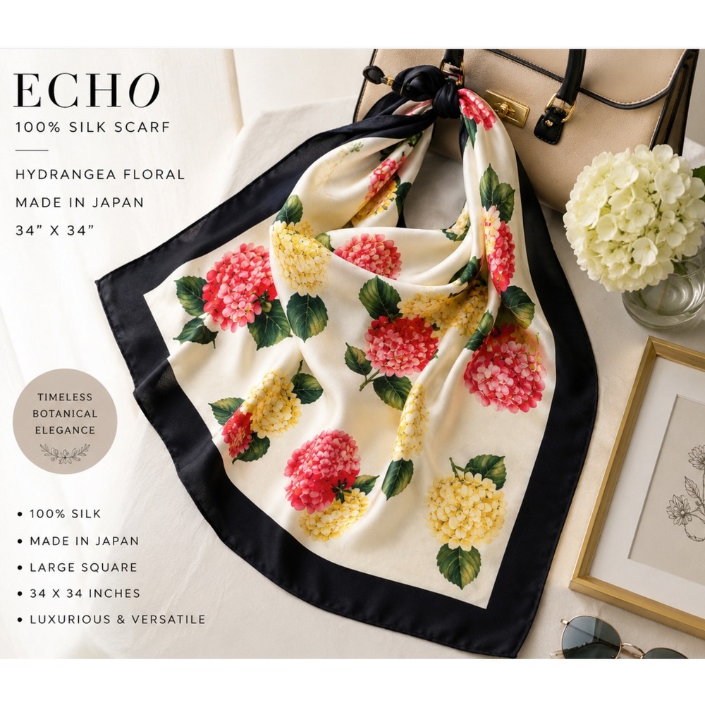 Echo 100% Silk Scarf Hydrangea Floral Square Made in Japan 34x34 Parisian